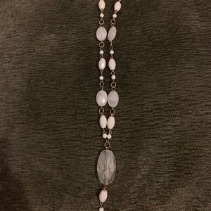 Extra Long 15in Statement Necklace with White and Clear Beads on a Silver Chain